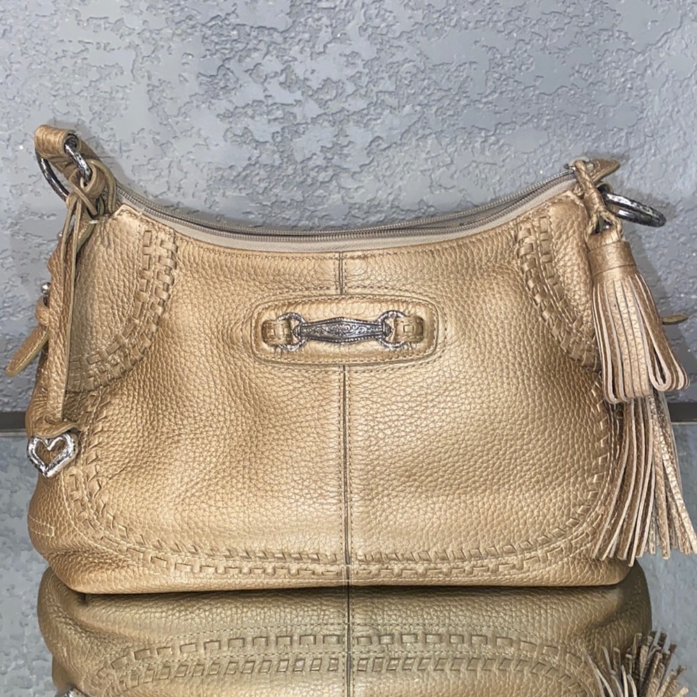 Brighton Soft Pebble Gold Metallic Leather Shoulder Bag with tassel Zipper